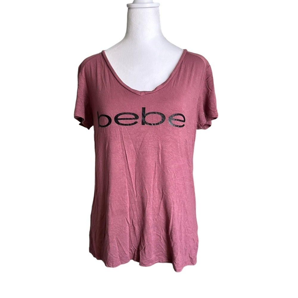 Bebe Sport Women's Antique Rose V-Neck Logo Tee Shirt Top  Size M